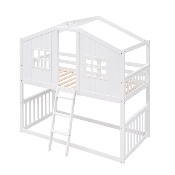 English Elm Twin Over Playhouse Bunk Bed Solid Pine Frame with Pitched Roof Kids Bedroom LT100184AAK