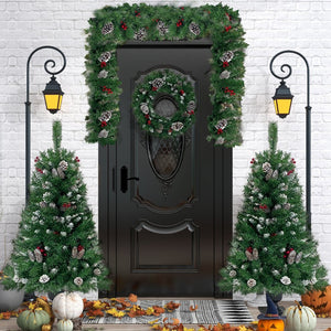 English Elm Pre-lit Holiday Decor 4 Piece Set with Led Garland Wreath and Entrance Trees PX283311AAB