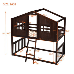 English Elm Twin Over Playhouse Bunk Bed Solid Pine Frame with Pitched Roof Kids Bedroom LT100184AAP