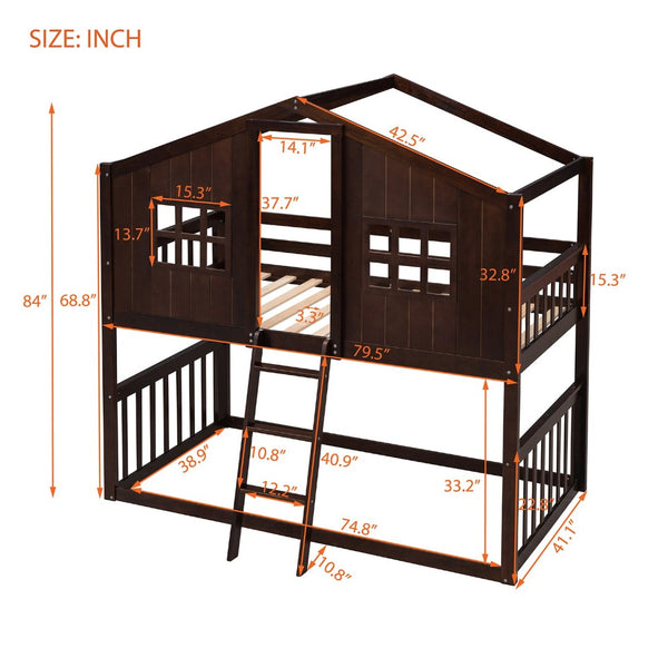 English Elm Twin Over Playhouse Bunk Bed Solid Pine Frame with Pitched Roof Kids Bedroom LT100184AAP