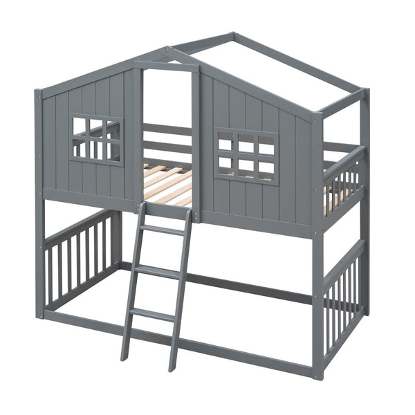 English Elm Twin Over Playhouse Bunk Bed Solid Pine Frame with Pitched Roof Kids Bedroom LT100184AAE