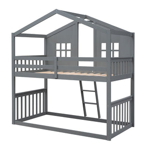 English Elm Twin Over Playhouse Bunk Bed Solid Pine Frame with Pitched Roof Kids Bedroom LT100184AAE