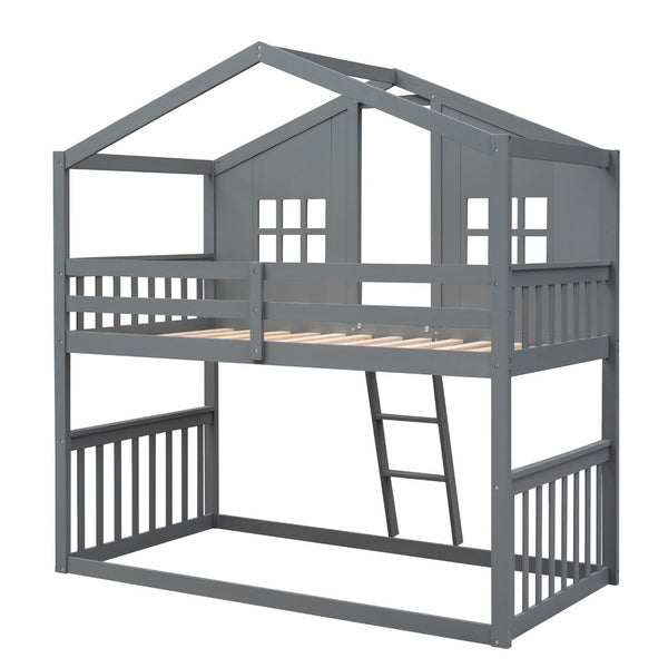 English Elm Twin Over Playhouse Bunk Bed Solid Pine Frame with Pitched Roof Kids Bedroom LT100184AAE