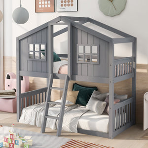 English Elm Twin Over Playhouse Bunk Bed Solid Pine Frame with Pitched Roof Kids Bedroom LT100184AAE