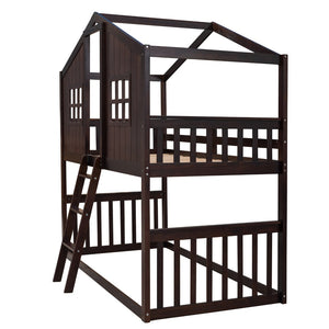 English Elm Twin Over Playhouse Bunk Bed Solid Pine Frame with Pitched Roof Kids Bedroom LT100184AAP