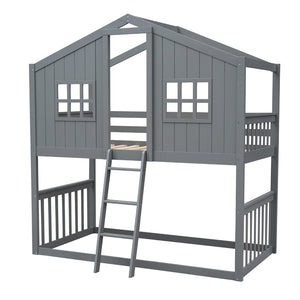 English Elm Twin Over Playhouse Bunk Bed Solid Pine Frame with Pitched Roof Kids Bedroom LT100184AAE