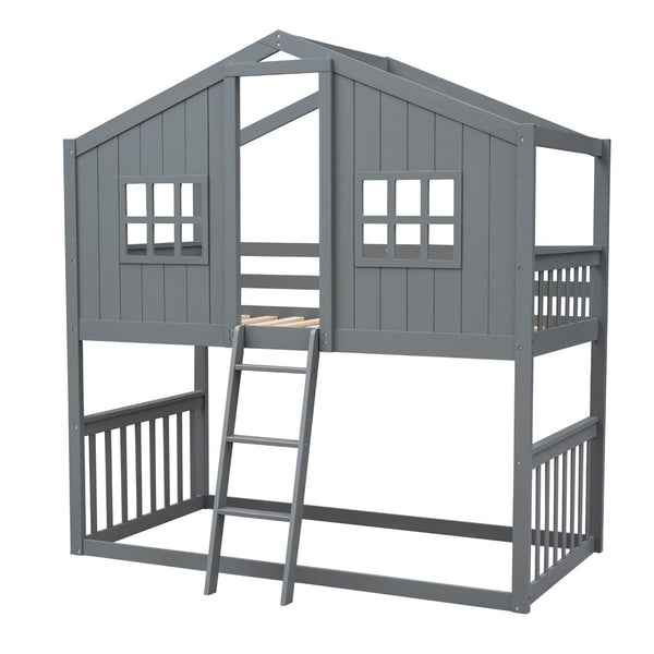 English Elm Twin Over Playhouse Bunk Bed Solid Pine Frame with Pitched Roof Kids Bedroom LT100184AAE