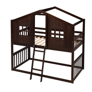 English Elm Twin Over Playhouse Bunk Bed Solid Pine Frame with Pitched Roof Kids Bedroom LT100184AAP