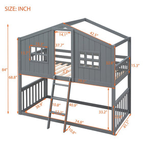 English Elm Twin Over Playhouse Bunk Bed Solid Pine Frame with Pitched Roof Kids Bedroom LT100184AAE