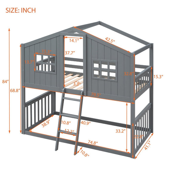 English Elm Twin Over Playhouse Bunk Bed Solid Pine Frame with Pitched Roof Kids Bedroom LT100184AAE