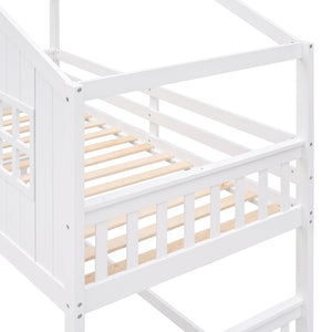 English Elm Twin Over Playhouse Bunk Bed Solid Pine Frame with Pitched Roof Kids Bedroom LT100184AAK