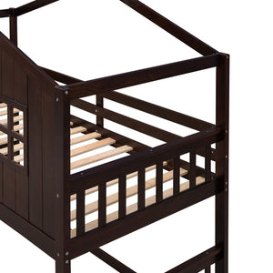 English Elm Twin Over Playhouse Bunk Bed Solid Pine Frame with Pitched Roof Kids Bedroom LT100184AAP