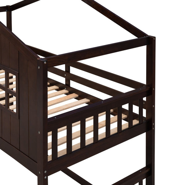 English Elm Twin Over Playhouse Bunk Bed Solid Pine Frame with Pitched Roof Kids Bedroom LT100184AAP