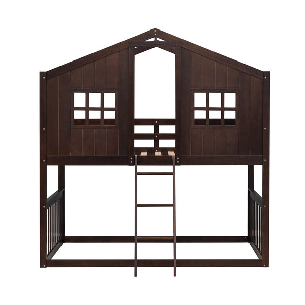 English Elm Twin Over Playhouse Bunk Bed Solid Pine Frame with Pitched Roof Kids Bedroom LT100184AAP