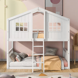 English Elm Twin Over Playhouse Bunk Bed Solid Pine Frame with Pitched Roof Kids Bedroom LT100184AAK