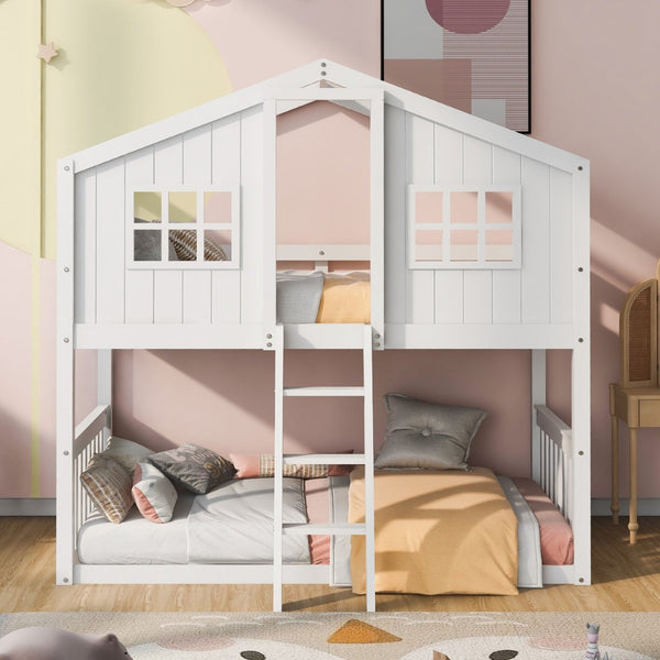 English Elm Twin Over Playhouse Bunk Bed Solid Pine Frame with Pitched Roof Kids Bedroom LT100184AAK