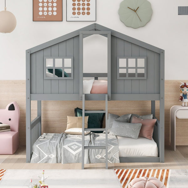 English Elm Twin Over Playhouse Bunk Bed Solid Pine Frame with Pitched Roof Kids Bedroom LT100184AAE