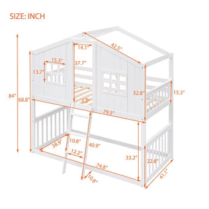 English Elm Twin Over Playhouse Bunk Bed Solid Pine Frame with Pitched Roof Kids Bedroom LT100184AAK