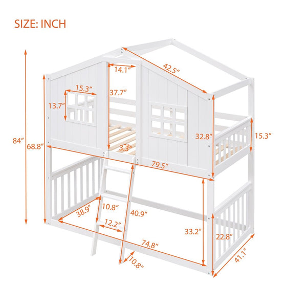 English Elm Twin Over Playhouse Bunk Bed Solid Pine Frame with Pitched Roof Kids Bedroom LT100184AAK