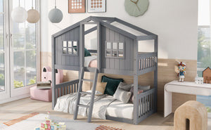English Elm Twin Over Playhouse Bunk Bed Solid Pine Frame with Pitched Roof Kids Bedroom LT100184AAE