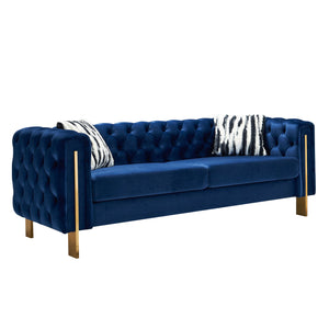 English Elm Chesterfield Modern Tufted Velvet Sofa, 69" Compact Blue Couch with Gold Legs, Stylish Accent Piece W57953711