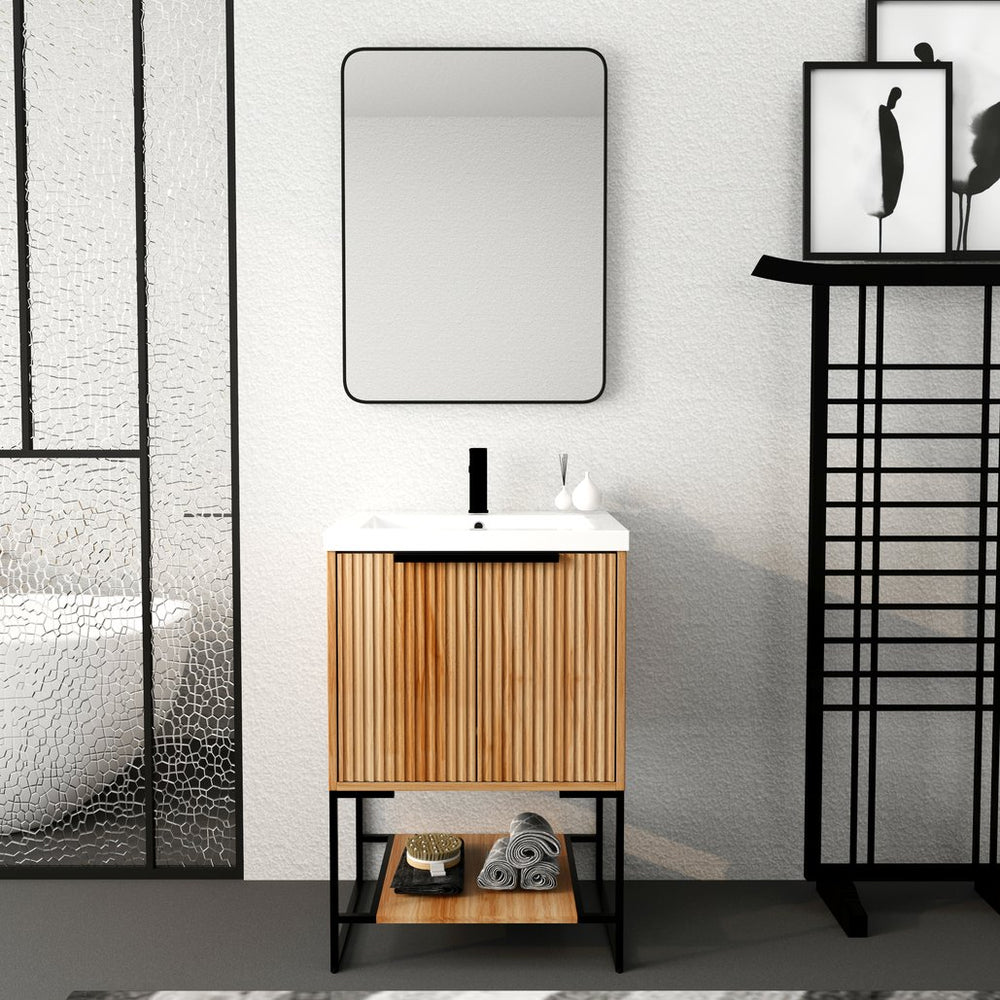 English Elm 24 Inch Freestanding Bathroom Vanity with Resin Basin, Soft-Close Doors, Open Shelf Storage, Modern Design W999P181590