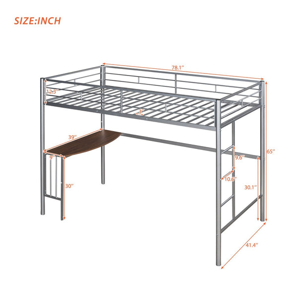 English Elm Twin Metal Loft Bed with Built-in Study Desk Powder-coated Steel Frame for Teen Rooms Silver MF286452AAN