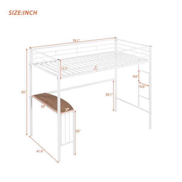 English Elm Twin Metal Loft Bed with Built-in Study Desk Powder-coated Steel Frame for Teen Rooms White MF286452AAK