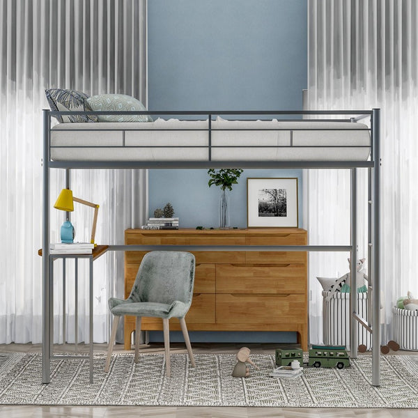 English Elm Twin Metal Loft Bed with Built-in Study Desk Powder-coated Steel Frame for Teen Rooms Silver MF286452AAN
