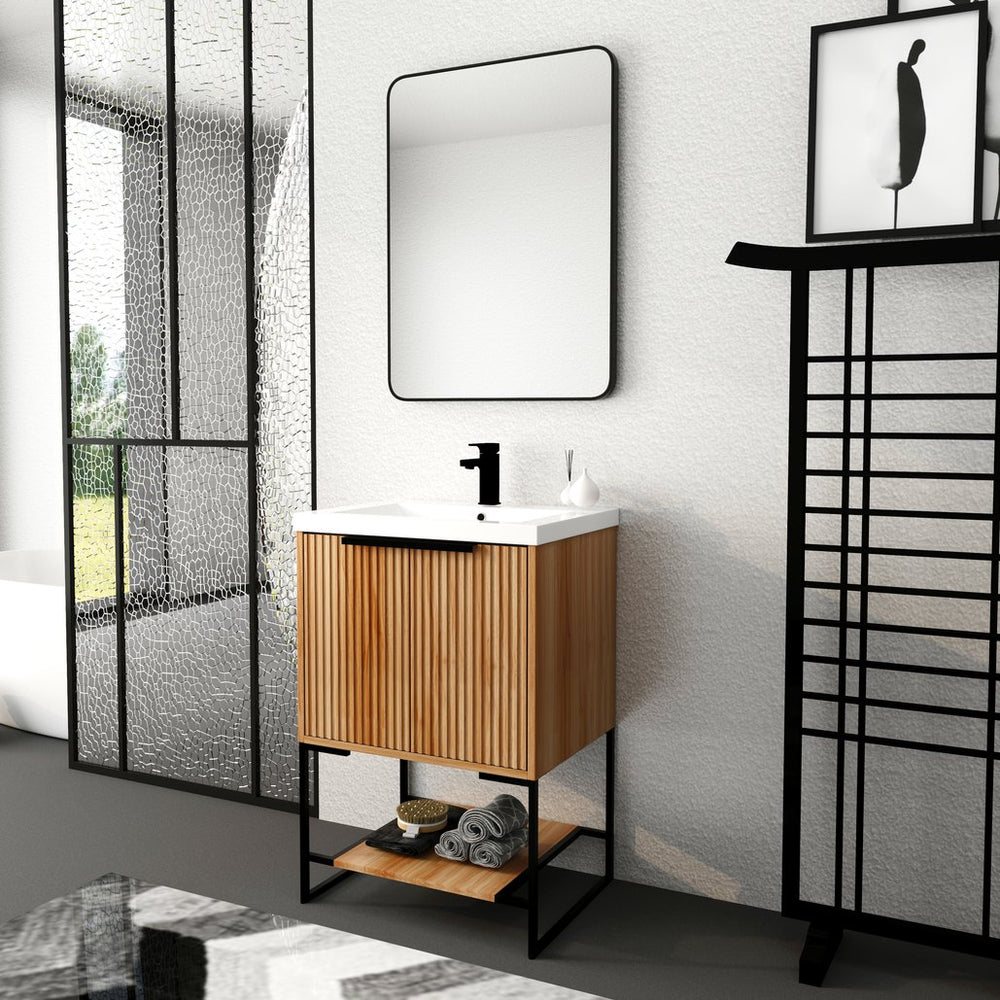 English Elm 24 Inch Freestanding Bathroom Vanity with Resin Basin, Soft-Close Doors, Open Shelf Storage, Modern Design W999P181590