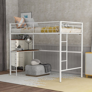 English Elm Twin Metal Loft Bed with Built-in Study Desk Powder-coated Steel Frame for Teen Rooms White MF286452AAK