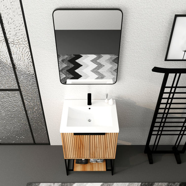 English Elm 24 Inch Freestanding Bathroom Vanity with Resin Basin, Soft-Close Doors, Open Shelf Storage, Modern Design W999P181590