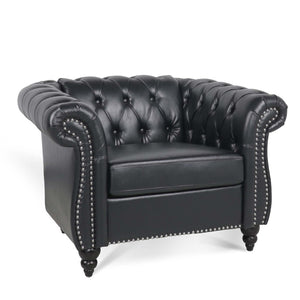 English Elm 1 Seater Pu Leather Tufted Accent Sofa with Birch Legs for Any Living Space Black W680P405343