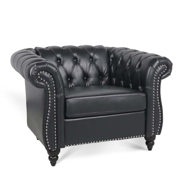 English Elm 1 Seater Pu Leather Tufted Accent Sofa with Birch Legs for Any Living Space Black W680P405343