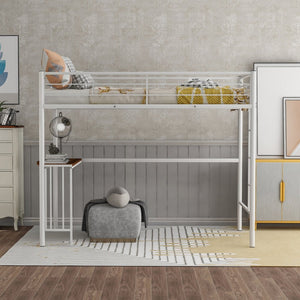 English Elm Twin Metal Loft Bed with Built-in Study Desk Powder-coated Steel Frame for Teen Rooms White MF286452AAK