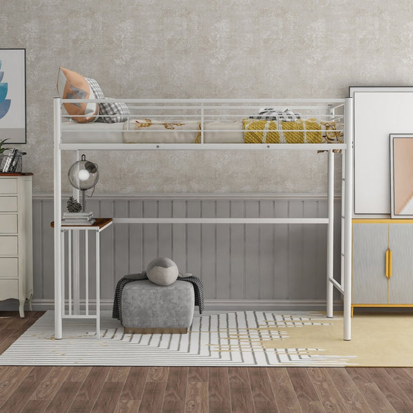English Elm Twin Metal Loft Bed with Built-in Study Desk Powder-coated Steel Frame for Teen Rooms White MF286452AAK