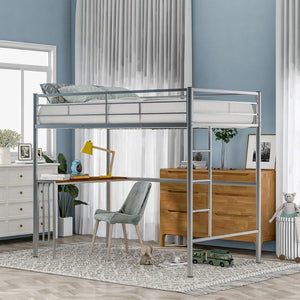 English Elm Twin Metal Loft Bed with Built-in Study Desk Powder-coated Steel Frame for Teen Rooms Silver MF286452AAN