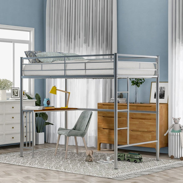 English Elm Twin Metal Loft Bed with Built-in Study Desk Powder-coated Steel Frame for Teen Rooms Silver MF286452AAN
