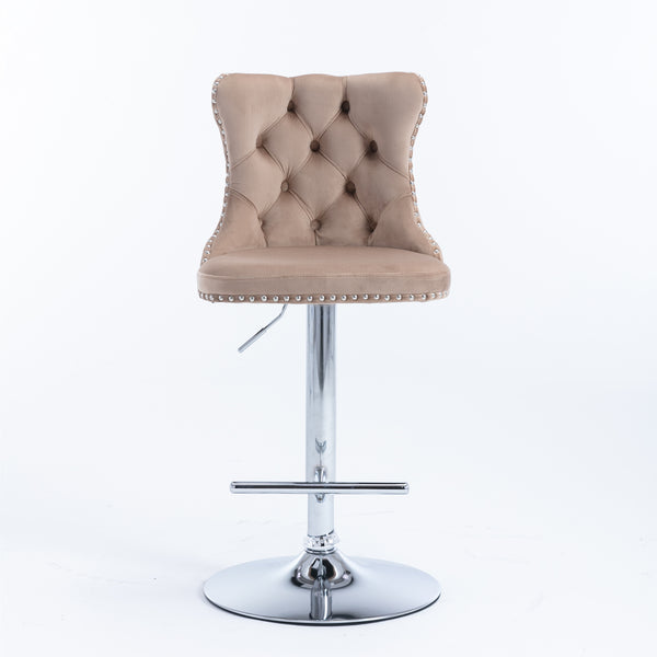 English Elm A&A Velvet Swivel Barstools with Adjustable 25–33" Height, Tufted Upholstery, Chrome Base Comfort khaki W114351405