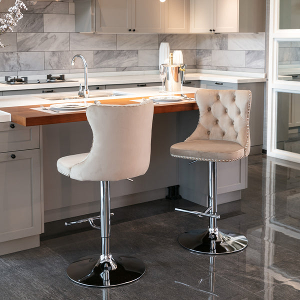 English Elm A&A Velvet Swivel Barstools with Adjustable 25–33" Height, Tufted Upholstery, Chrome Base Comfort khaki W114351405