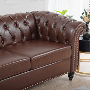 English Elm 84.65" Chesterfield Three Seater Sofa Pu Leather Tufted Rolled Arm Living Room Dark Brown W68035342