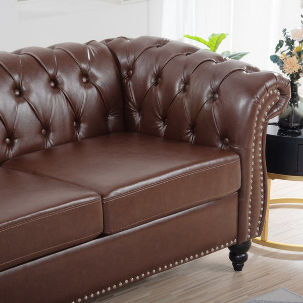 English Elm 84.65" Chesterfield Three Seater Sofa Pu Leather Tufted Rolled Arm Living Room Dark Brown W68035342