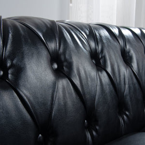 English Elm 84.65" Chesterfield Three Seater Sofa Pu Leather Tufted Rolled Arm Living Room Black W68035340