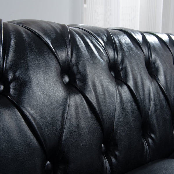 English Elm 84.65" Chesterfield Three Seater Sofa Pu Leather Tufted Rolled Arm Living Room Black W68035340