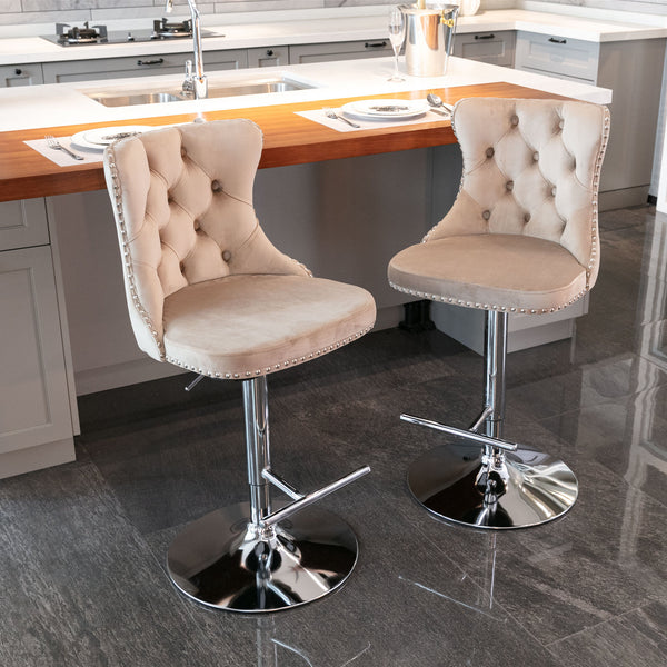 English Elm A&A Velvet Swivel Barstools with Adjustable 25–33" Height, Tufted Upholstery, Chrome Base Comfort khaki W114351405