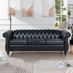 English Elm 84.65" Chesterfield Three Seater Sofa Pu Leather Tufted Rolled Arm Living Room Black W68035340