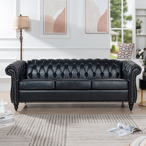 English Elm 84.65" Chesterfield Three Seater Sofa Pu Leather Tufted Rolled Arm Living Room Black W68035340
