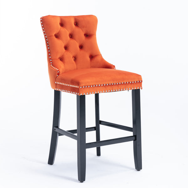 English Elm Contemporary Velvet Upholstered Barstool with Button Tufting, Solid Wood Frame, High-Rebound Foam Cushion and Chrome Nailhead Trim for Durable Comfort and Style Orange W1143P178194
