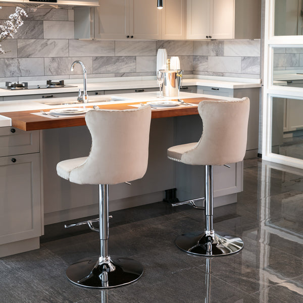 English Elm A&A Velvet Swivel Barstools with Adjustable 25–33" Height, Tufted Upholstery, Chrome Base Comfort khaki W114351405