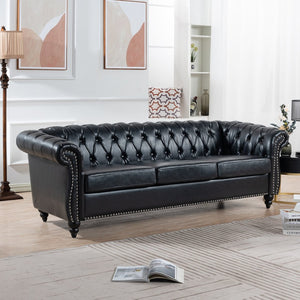 English Elm 84.65" Chesterfield Three Seater Sofa Pu Leather Tufted Rolled Arm Living Room Black W68035340